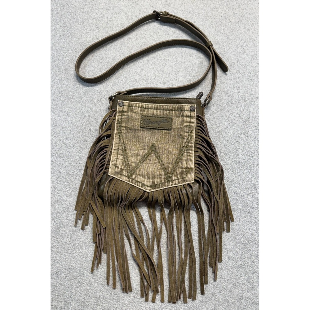Wrangler Crossbody Bag Womens OS Olive Green Fringe Denim Western Boho Purse